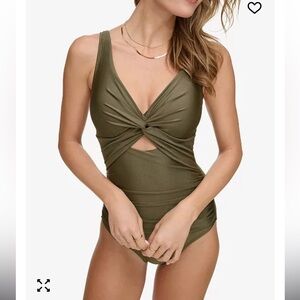DKNY Women's Shirred Keyhole Detail One-Piece Swimsuit Large Moss Shimmer